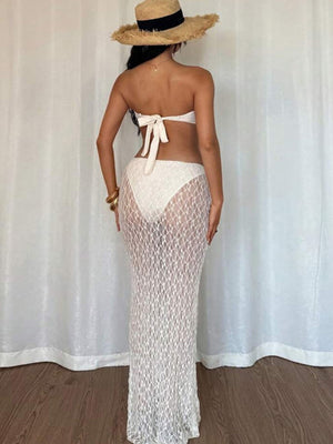 Lace Straps Pleated Navel Exposed Strapless Lace Maxi Dress 2-piece Sets