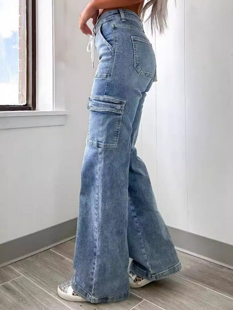 Leisure Lace Up Multiple Bags Straight Leg Jeans