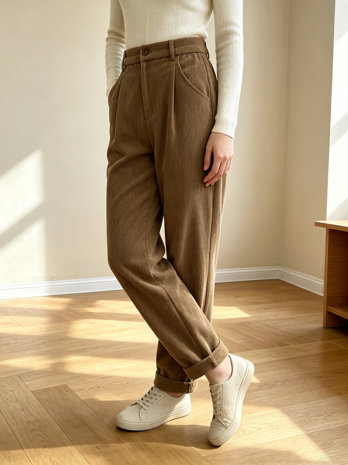 Retro-style Corduroy High-waisted Pocket Casual Trousers