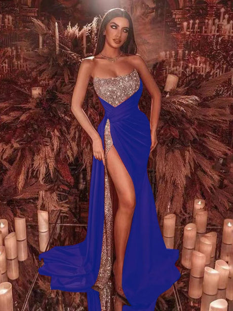 Sexy Off-shoulder Strapless Maxi Dress With Slits And A Full Skirt