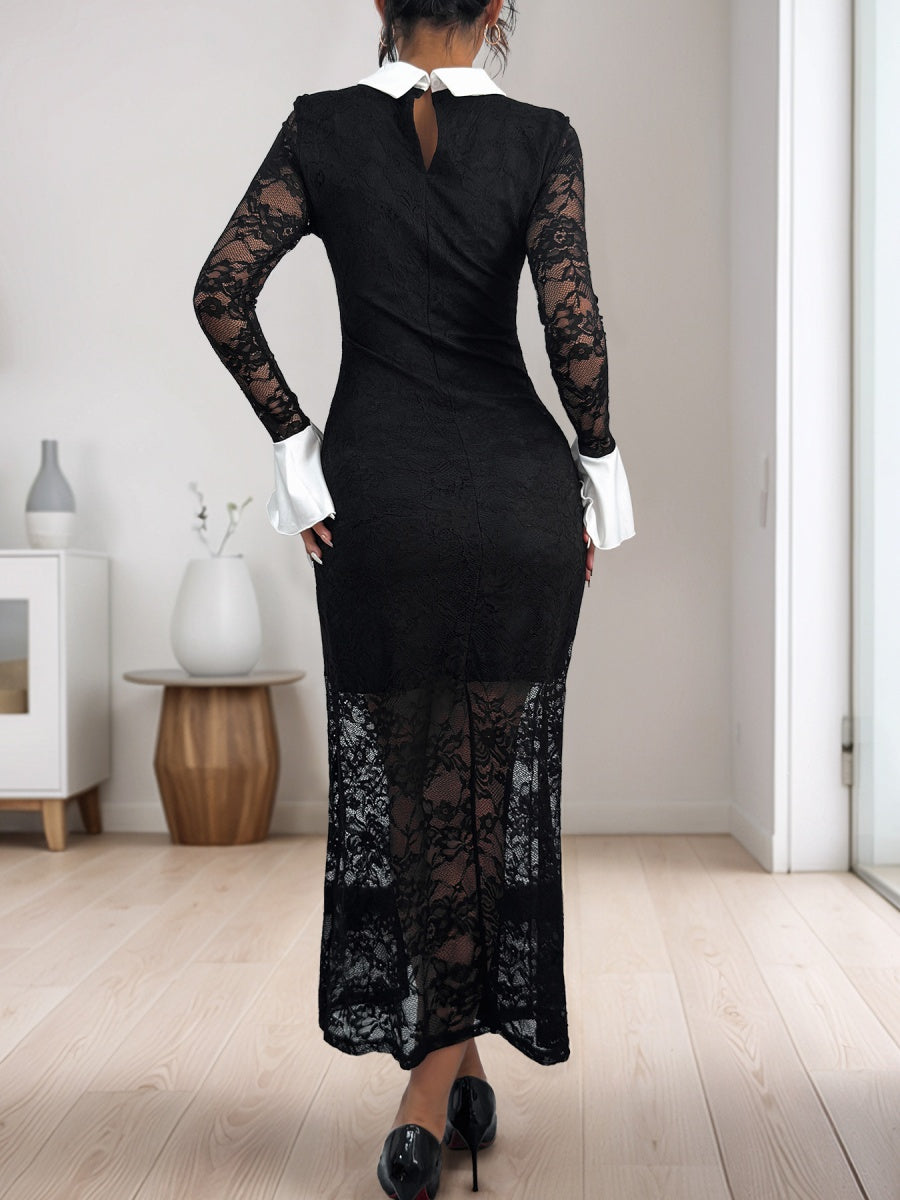 Lace Splicing Color-blocked Collar Slim-fit Hip-hugging Maxi Dresses