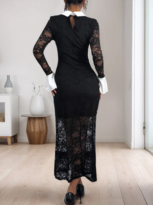 Lace Splicing Color-blocked Collar Slim-fit Hip-hugging Maxi Dresses