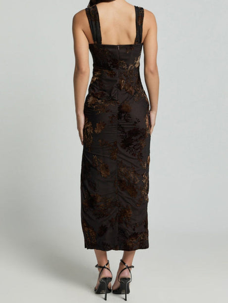 Square Neck Velvet Embossing Slim Fit Slit Parties Long Dress For A Cocktail Party