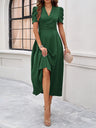 Pleated Waist Short Sleeve Maxi Dresses