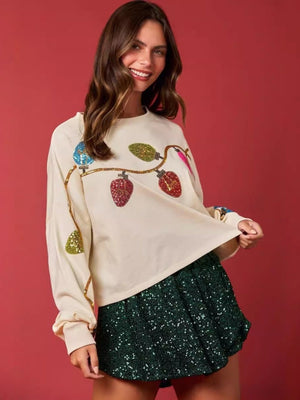 Women's Christmas Bell Sequin Top Casual Long Sleeve Short Pullover Sweatshirt