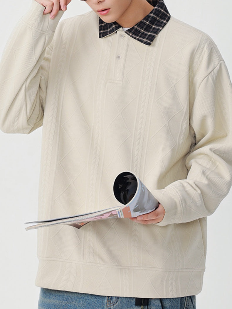 Knitted Jacquard Contrasting Colors Plaid Lapel Polo Shirt