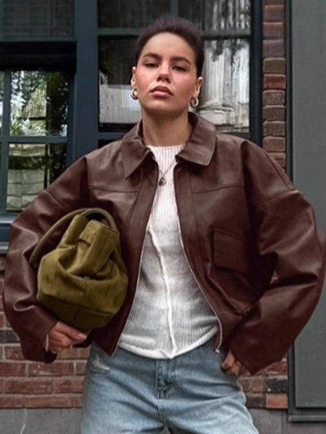 Leather Jacket With Large Pocket Decoration Jackets