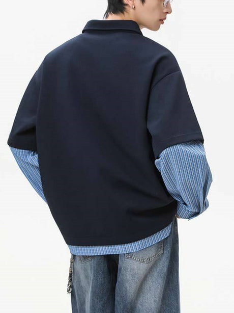 Layered-look Color-blocked Plaid Notch-Collar Zipper Sweatshirts&Hoodies