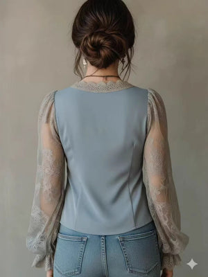 Lace-trimmed Puff-sleeved Fitted Shirt