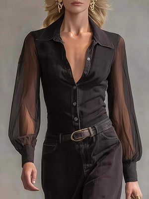 Black Long-sleeved See-through Shirt Collar Button Mesh Stitching Maxi Dress