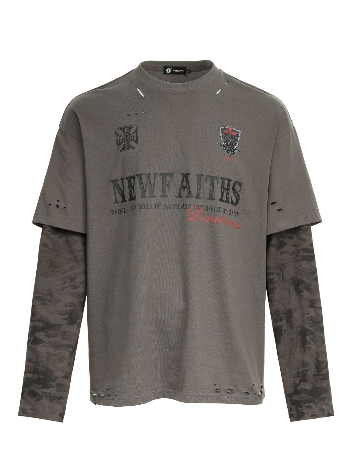 Hole Camouflage Splicing Fake Two Pieces Long-sleeved T-shirt