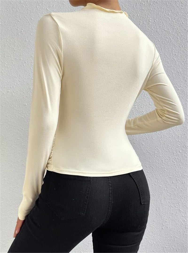 Solid Color Slim Fit Base Layer Versatile Pleated Long-sleeved T-shirt
