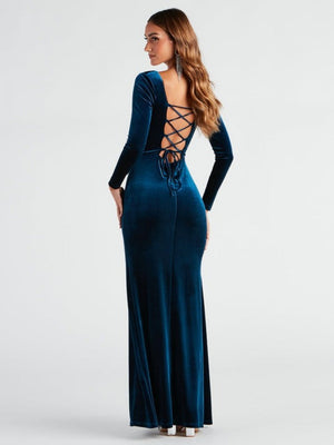 Square Neck Long-sleeved Velvet Strappy Backless Slit Formal Evening Midi Dress