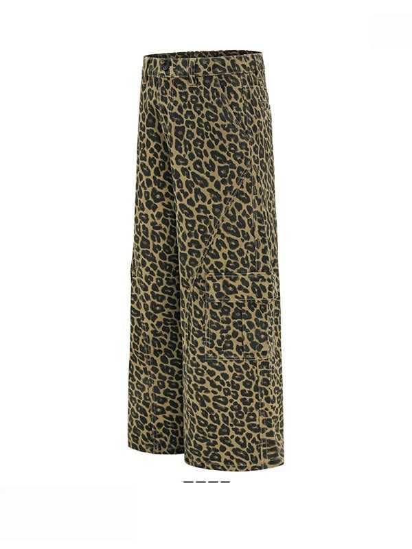 Baggy Deconstruction Design Multiple Pockets Leopard Straight Cargo Trousers