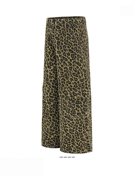 Baggy Deconstruction Design Multiple Pockets Leopard Straight Cargo Trousers