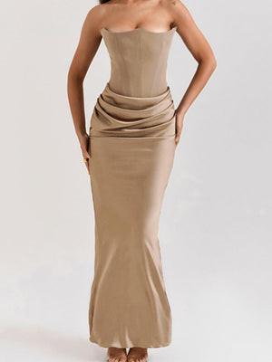 Strapless Satin Fishbone Decoration Crimp Splicing Hip-hugging Dinner Cocktail Midi Dress