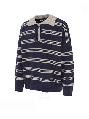 Stripes Contrasting Colors Polo Collar Loose Sweaters