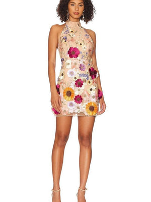 Bestickte 3D-Blumen-Neckholder-Minikleider &amp; kurze Kleider mit Figurformung