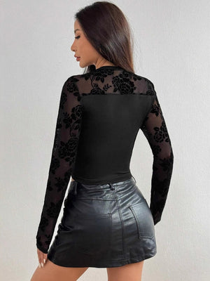 Pullover Lace Patchwork Crew Neck Long Sleeve Slim Fit T-shirts Jacket Elegant Mesh/sheer Top