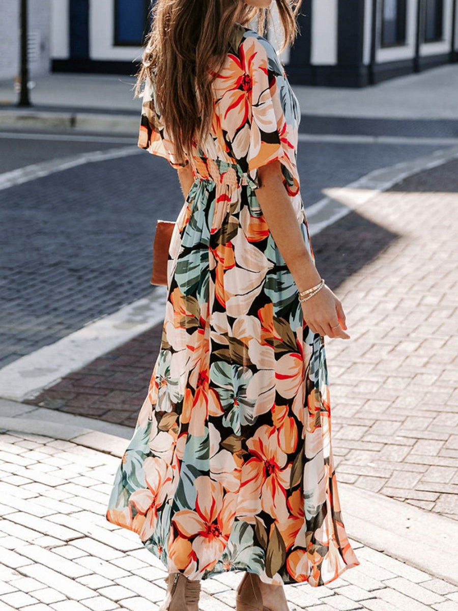 V-neck Short-sleeved Floral Print High-slit Long Dress