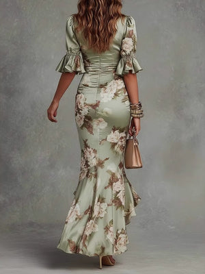 V-neck Slim-fit Printed Ruffle Long Dress