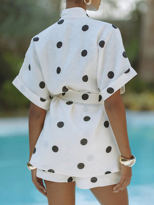 Polka Dot Batwing Sleeve Shirt And Shorts Two-piece Set