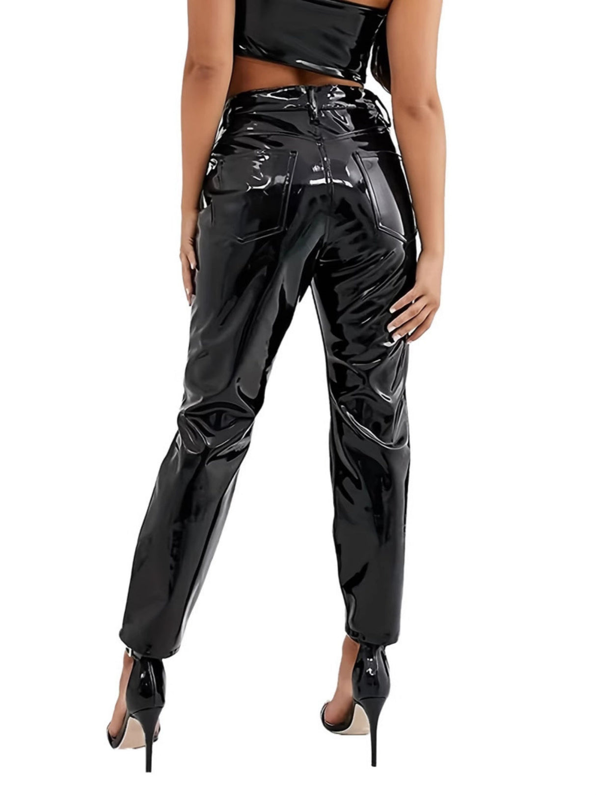 Glossy PU Leather Pocket Cropped Pants