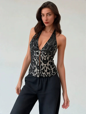 Sequins Leopard Backless Halter Parties Tank Tops