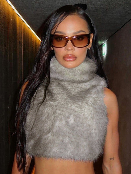 Turtleneck Furry Patchwork Zipper Vest Top
