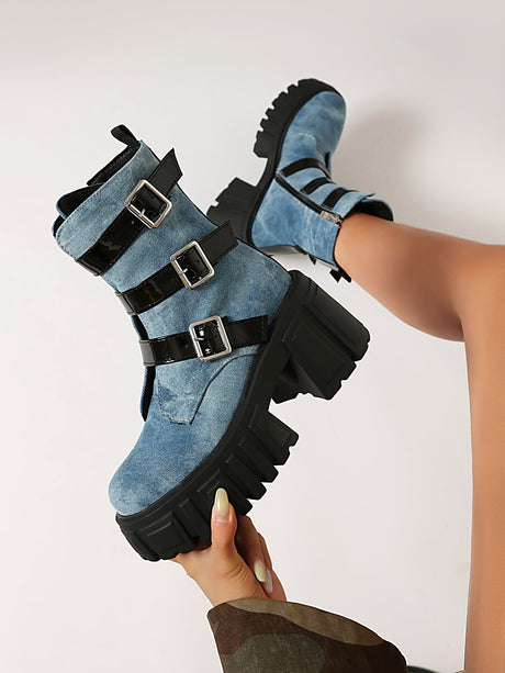 Plaid Denim Biker Punk Ankle Boots