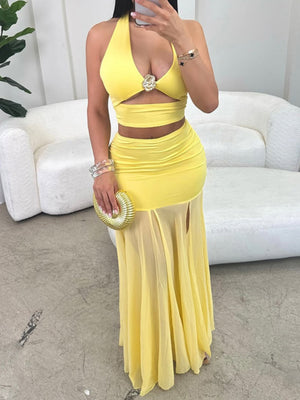 Hollow Out Metal Flowers Halter Top Mesh Splicing Bodycon Skirt 2-piece Sets