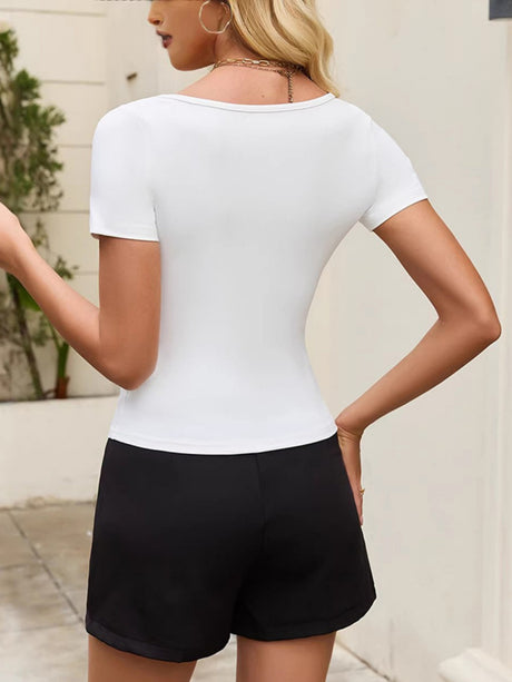 Lace Trim With Chest Cotton Bow Square Neck Short-sleeved T-shirt