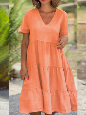 V-neck Large Skirt Short Sleeves Mini&Short Dresses