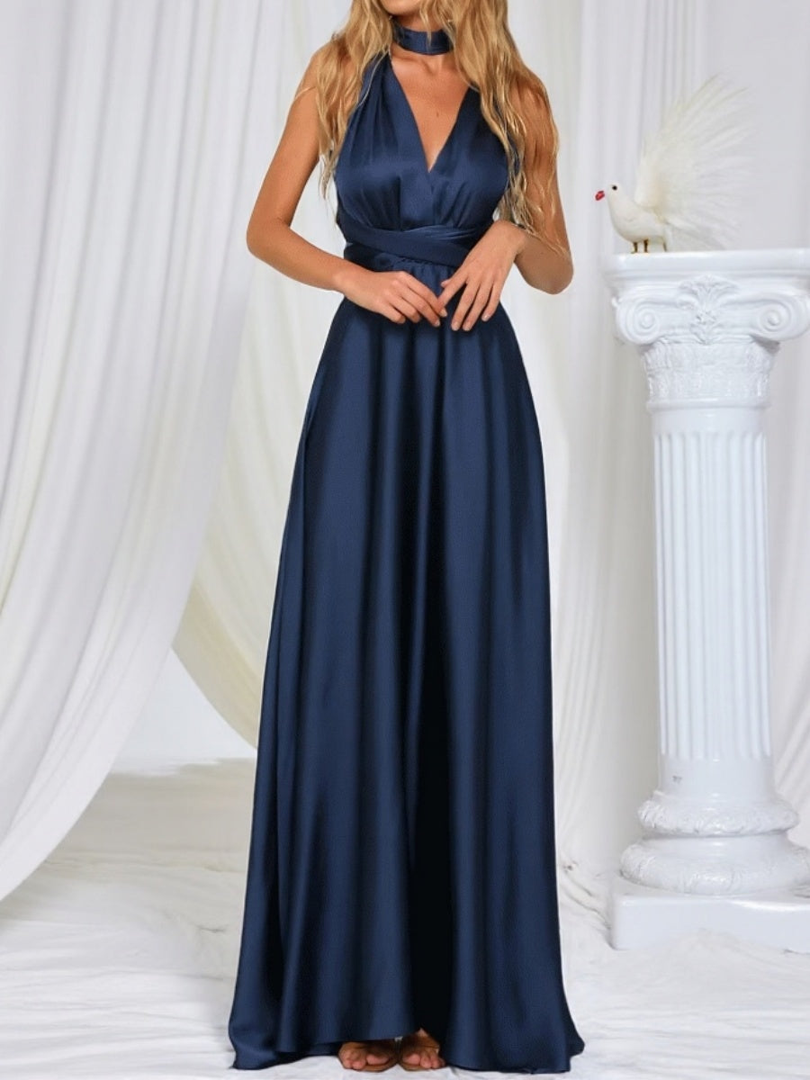 V-neck Satin Ribbon Long Skirt Parties Maxi Dresses