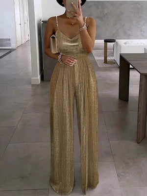 Wide-leg Pants Camisoles Waist Metallic Color Jumpsuits