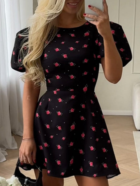 Floral Waist Shaping Puff Short Sleeves Sweet Mini&Short Dresses