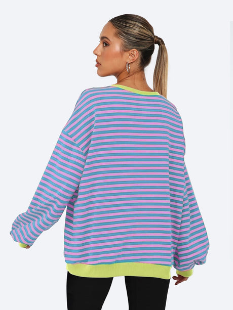 Women's Autumn/Winter Striped Color-Blocked Oversized Long-Sleeved Sweatshirt