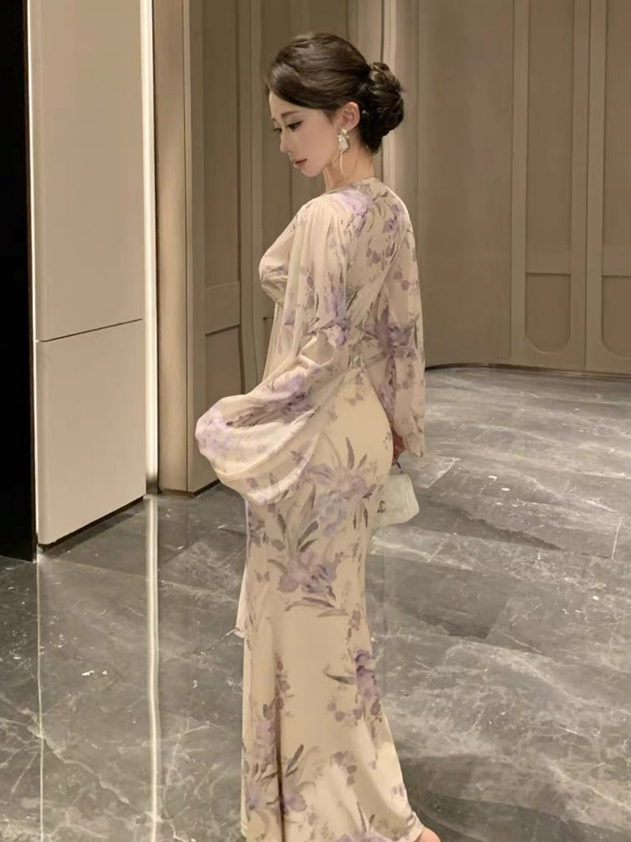 [Slip Dress + Floral Cardigan] Sexy Two-Piece Set With Printed V-Neck Lace Trim And Slim Fit