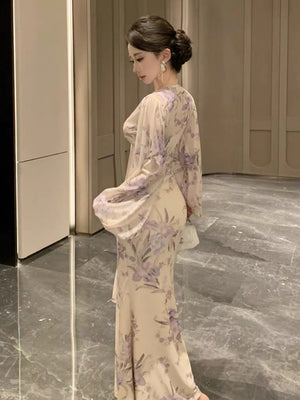 [Slip Dress + Floral Cardigan] Sexy Two-Piece Set With Printed V-Neck Lace Trim And Slim Fit