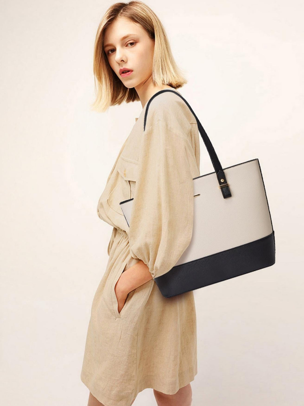 Color-blocked Tote Bag 3-piece Set