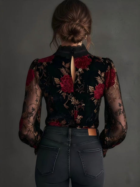 Black Loose-fitting Long-sleeved Floral Print Velvet Shirt