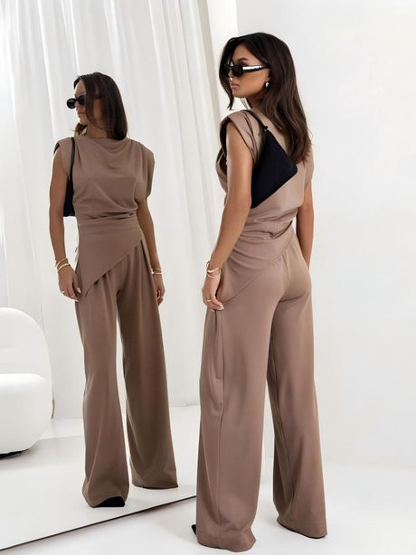 Irregular Short Sleeve Pleated Solid Color 2-piece Sets