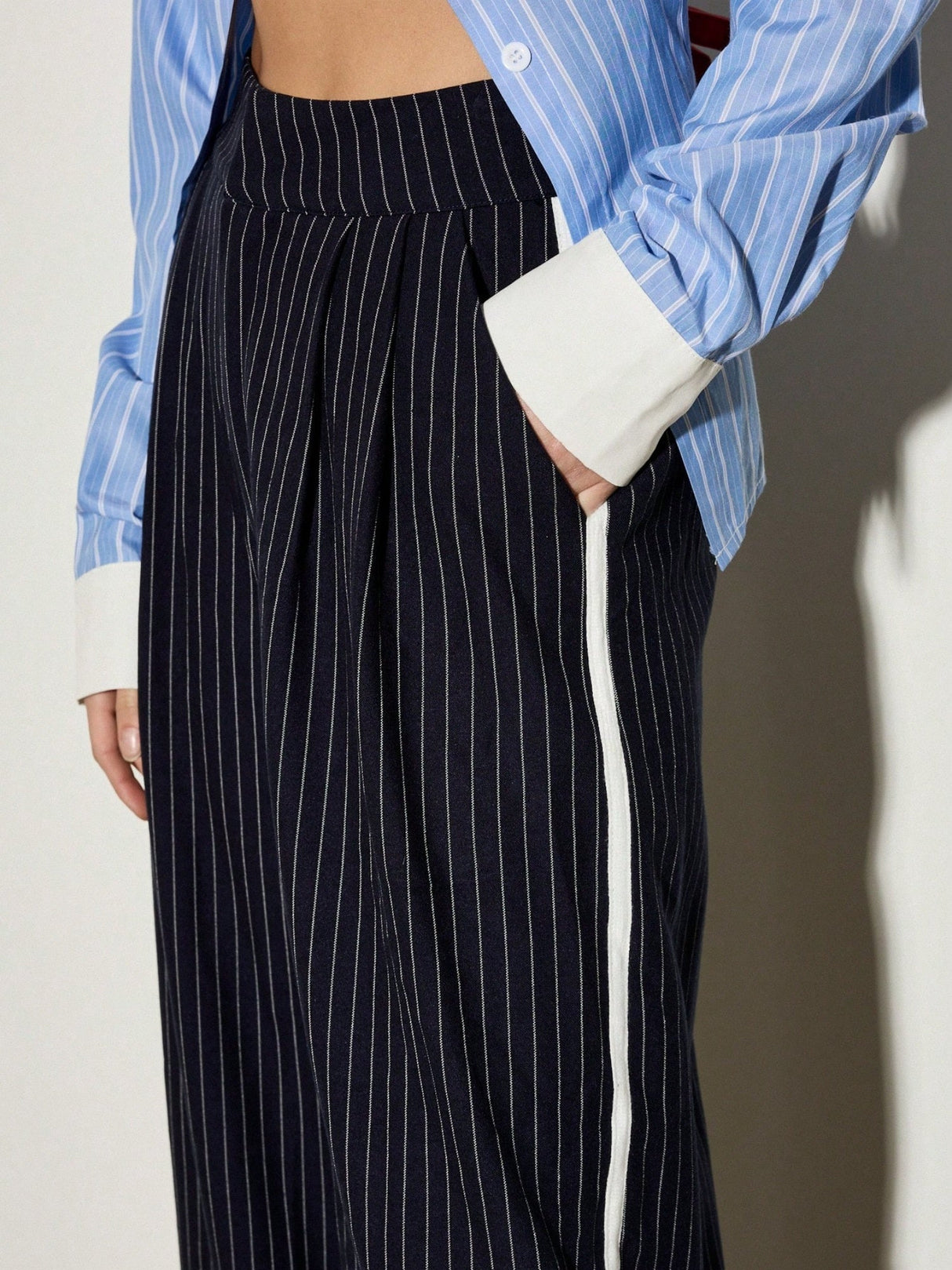 Striped Contrasting High Waist Commuter Women's Navy Blue Suit Trousers