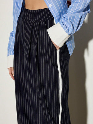 Striped Contrasting High Waist Commuter Women's Navy Blue Suit Trousers