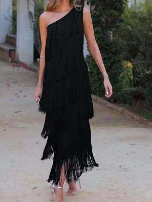 Tassel Sloping Shoulders Asymmetrical Maxi Dresses