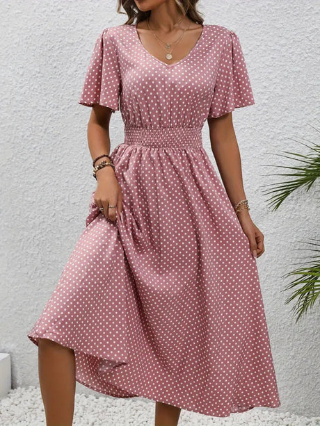Polka Dots V-neck Waist Shaping Short Sleeves Maxi Dresses