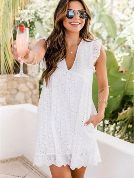 Lace Jacquard Openwork V-neck With Ruffles Solid Color Mini&Short Dresses