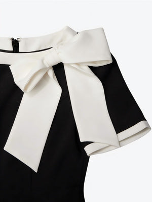 Crew Neck Bow Contrasting Colors Slim Fit Banquet Formal Dress For The Workplace Midi Dresses