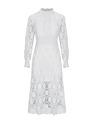 Hollow-out Long-sleeved Stand-up Collar Short Dress With Lace Trim