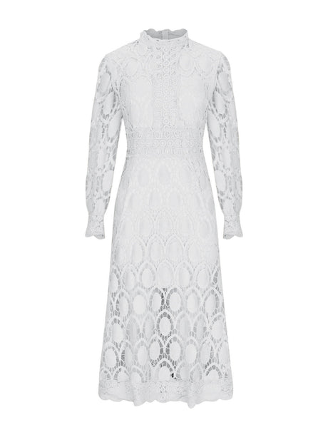 Hollow-out Long-sleeved Stand-up Collar Short Dress With Lace Trim